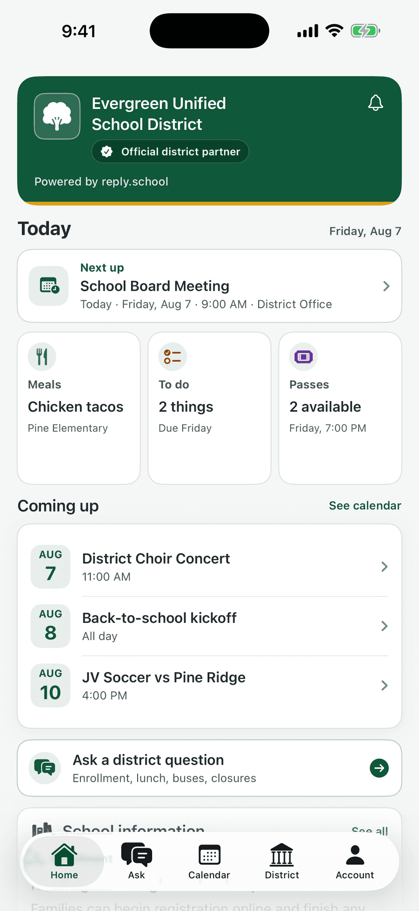 reply.school home screen for Evergreen Unified with the official district partner badge, showing today's validated events, meals, to-dos, and a way to ask the district a question