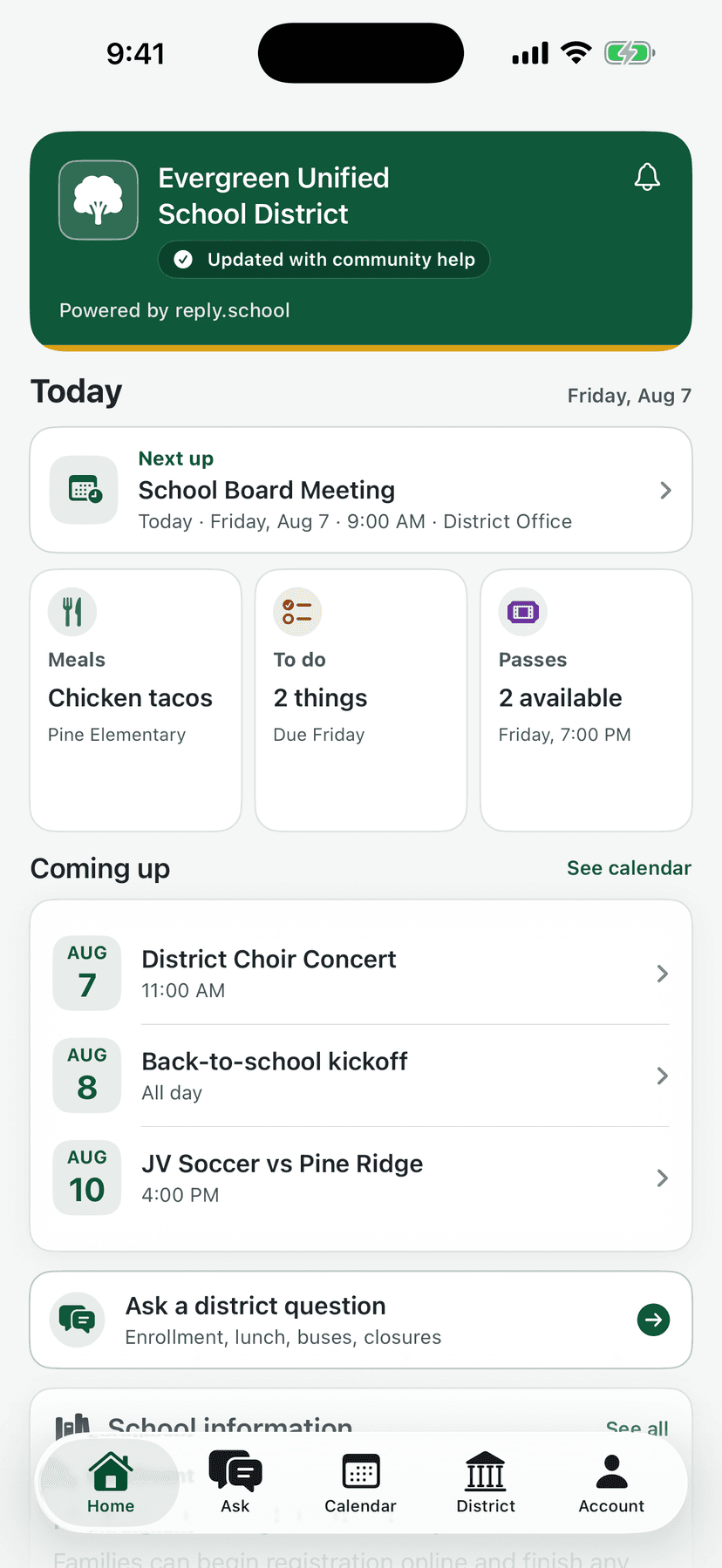 reply.school app home screen for Evergreen Unified School District showing today's school board meeting, lunch menu, to-dos, event passes, upcoming dates, and a button to ask a district question
