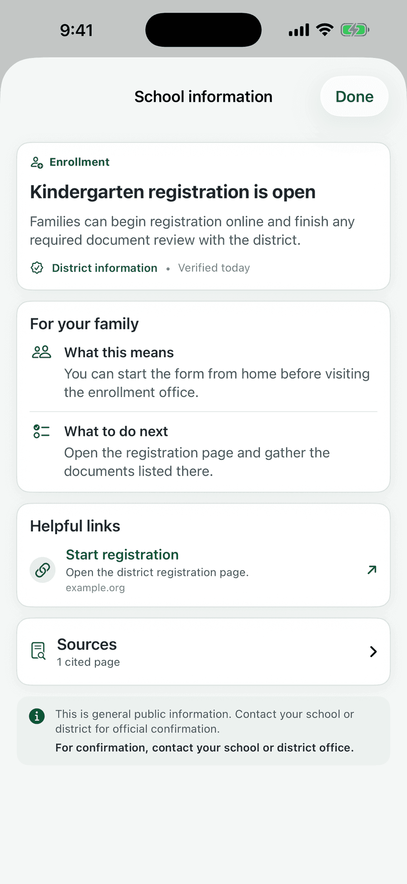 reply.school school information screen explaining that kindergarten registration is open, with what it means for your family, what to do next, a link to start registration, a cited source, and a note that it was verified today