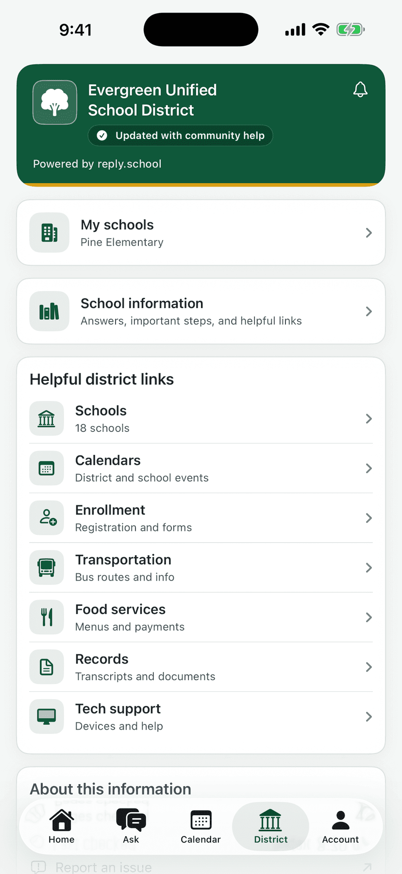 reply.school district screen for Evergreen Unified with quick links to schools, calendars, enrollment, transportation, food services, records, and tech support