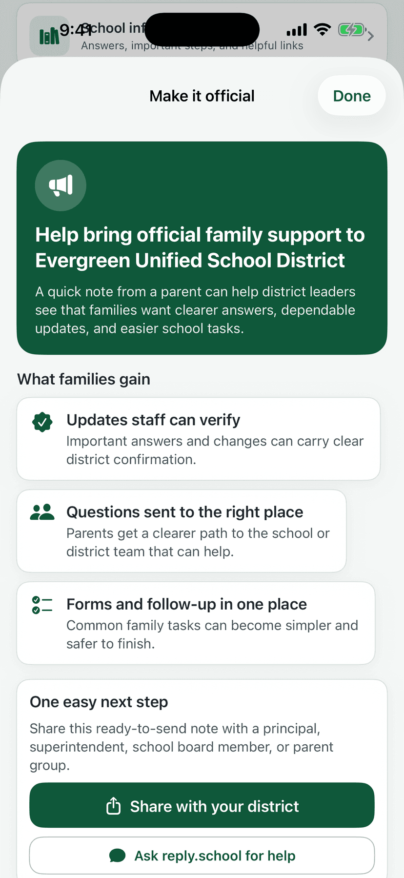 reply.school 'Make it official' screen inviting a parent to help bring official family support to Evergreen Unified, listing what families gain and a button to share a ready-to-send note with the district