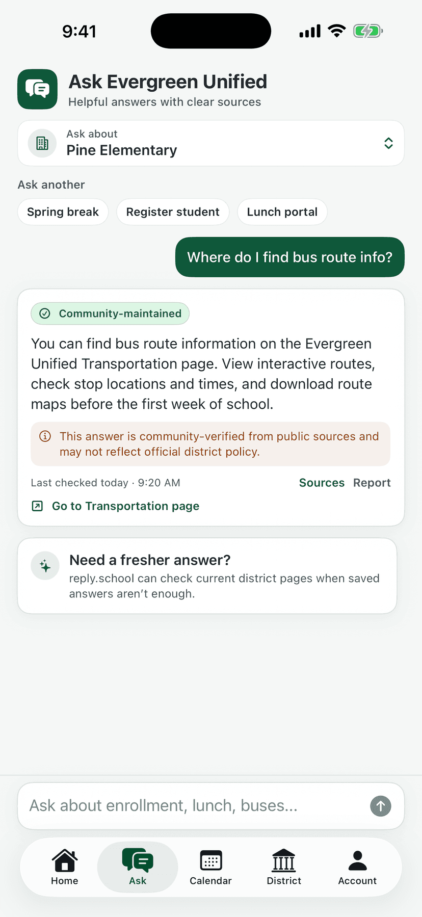 reply.school Ask screen where a parent asks where to find bus route information and receives a community-maintained answer with a plain-language caveat, a last-checked time, a sources link, a report option, and a link to the transportation page