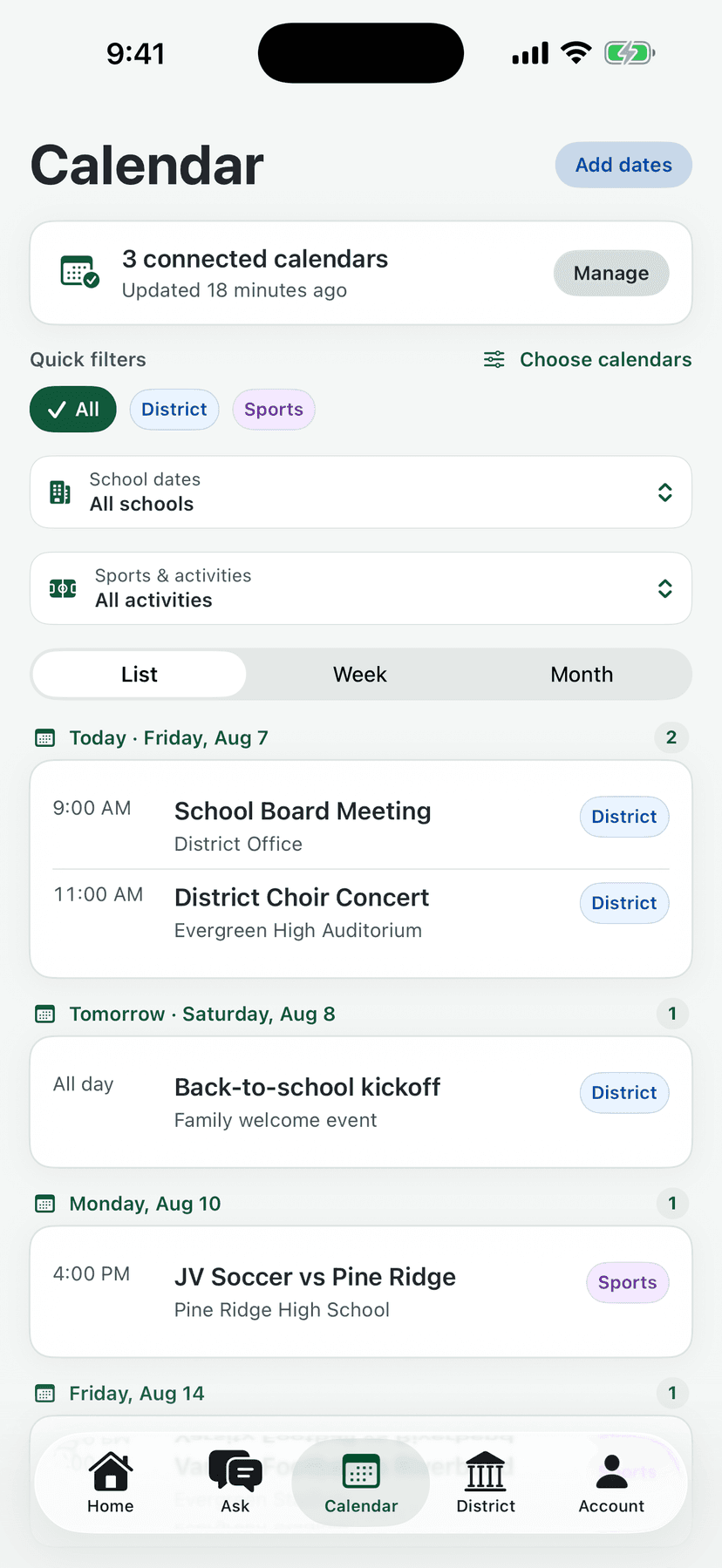 reply.school calendar screen combining district, school, and sports dates in one agenda, with quick filters for district events and sports and three connected calendars