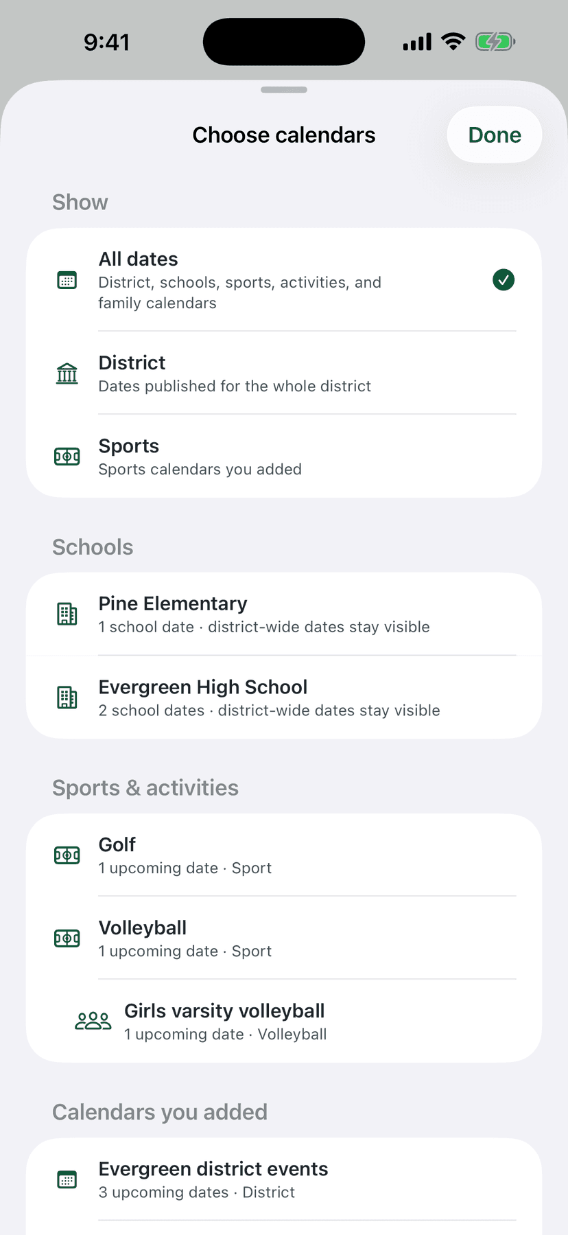reply.school choose calendars screen where a parent selects district dates, Pine Elementary, Evergreen High School, golf, volleyball, and girls varsity volleyball, plus calendars they added themselves